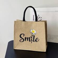 Large Capacity Linen Tote Bag With Tropical Print, Daisy, Letter, Geometric Pattern, Convenient For Carrying, Suitable For All Seasons - Brown - View 18