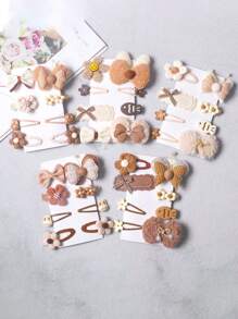 1card (8pcs) Random Color & Style, Autumn/Winter Plush Fabric Bowknot Flower & Cartoon Rabbit Barrette, Cute Baby/Girls Hair Clips