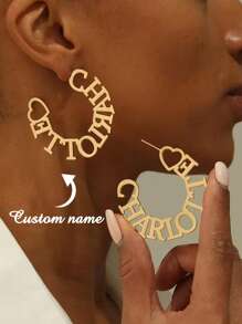 1 Pair Custom 50MM Heart Name Earring For Women Personalized Big Circle Stainless Steel Stud Earrings Wedding Charm Golden Nameplate Jewelry Vacation Daily Wear Accessories, Valentine's Day And Mother's Day Gifts - Yellow Gold - View 4