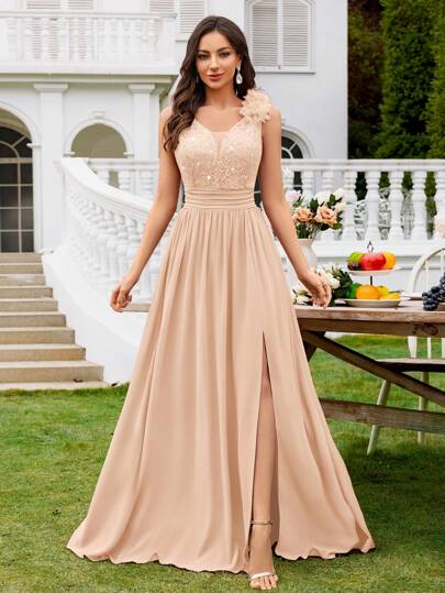 MIUSOL Sequin Floral Lace Sweetheart Neck Sleeveless Ruffle Chiffon Slit Maxi Formal Party Dress, Formal Evening Gown, Suitable For Wedding Guest, Graduation Ceremony, Banquet And Other Occasions Summer Elegant