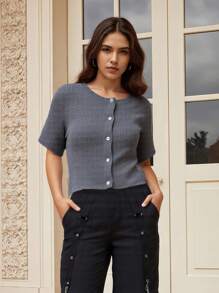 Women's Solid Color Cardigan Short Sleeve Round Neck Button Down Sweater Knit Tops - Dark Grey - View 6