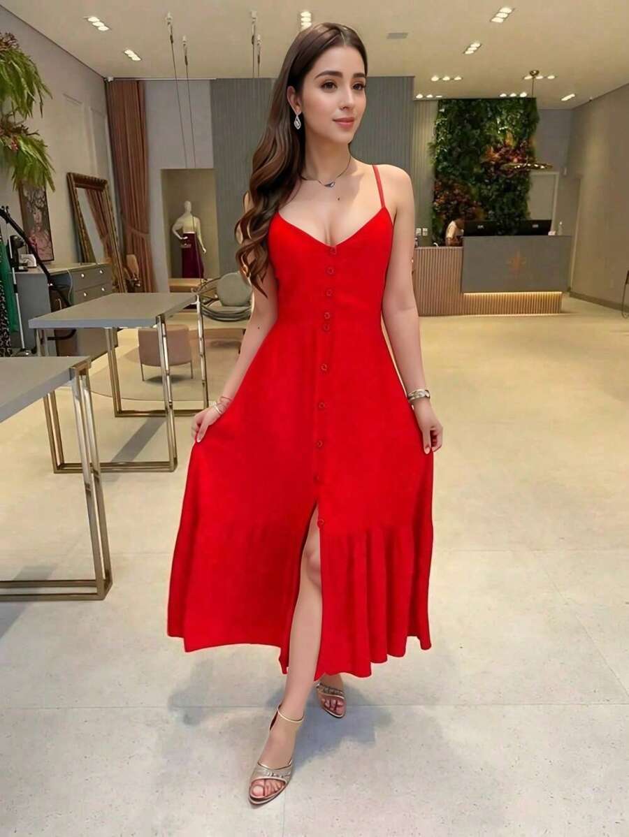 Women's Red Dress Midi Long Button Front Strap Tank Top Buttons Ruffle Model Elegant Party Summer Dresses - Red - View 1