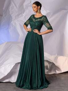 闪亮半袖褶皱礼服，适合婚礼宾客穿着，A字形长款精致蕾丝晚礼服，带亮片手工串珠贴花，优雅新娘礼服，伴娘礼服，女士正式晚礼服，后背拉链，派对礼服 - 綠色 - 查看 7