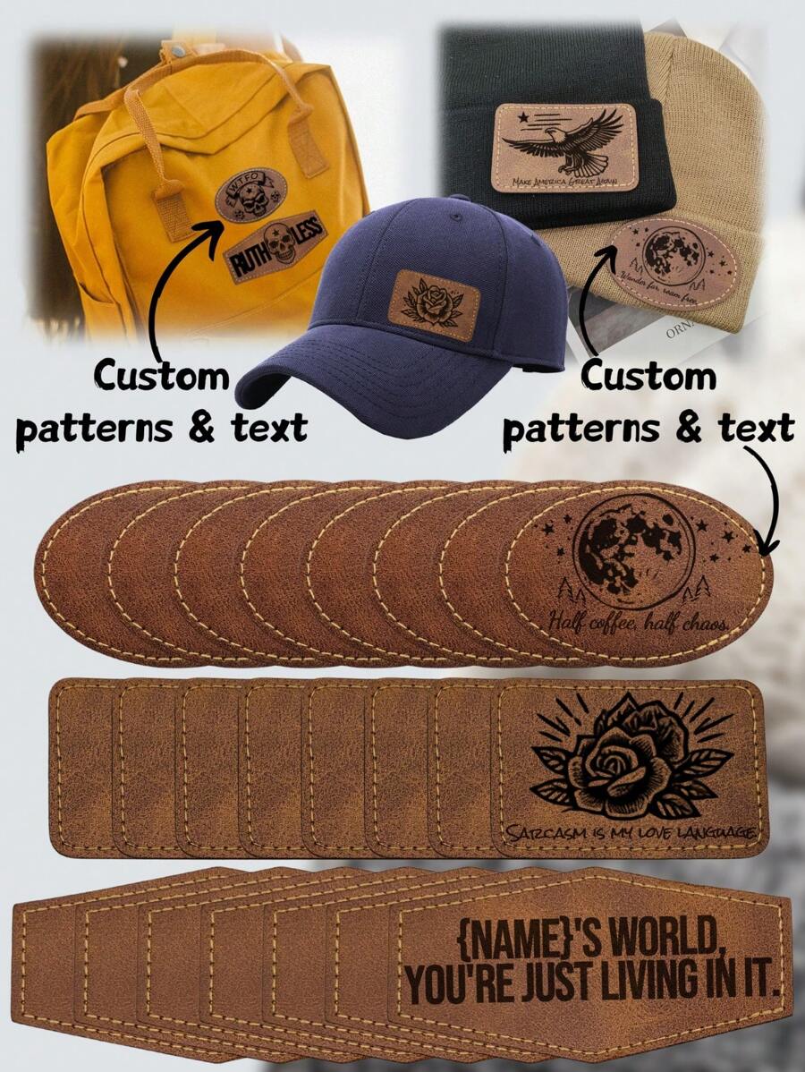 1pc~5pcs Personalized Leatherette Patches With Hot Melt Adhesive, Custom Fabric Stickers , Rustic Brown Leather Patches, Custom Laser Engraving Patches For Cloth, Hats, Backpack, Jeans, Fabric Repair Sew Supplies - Multicolor - View 1