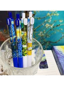 4pcs Van Gogh Starry Sky Pattern Gel Pens, Retractable, Quick Drying Ink, Student Exam, Office, Signature Black Pens - Black - View 4