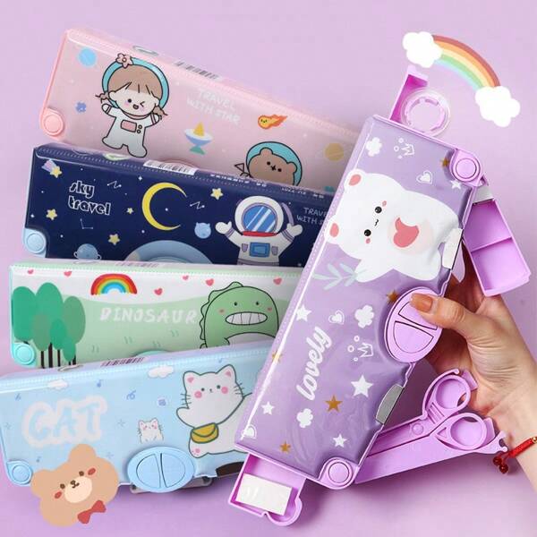 1 pièce Boîte à Papeterie Multifonctionnelle de Dessin Animé Aléatoire, Étui à Crayons Créatif à Double Couche Grande Capacité Simple, Étui à Stylo Personnalisé, Convenant Aux Étudiants, Filles Et Enfants Pour La Rentrée Scolaire, Trousse à Crayons, Sac D'école