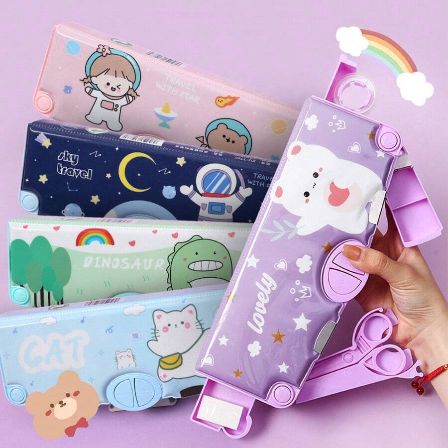 1 件随机卡通多功能文具盒，创意双层大容量简约铅笔盒，个性化笔盒，适合学生、女孩和儿童返校，铅笔袋，书包 - 紫色 - 查看 1