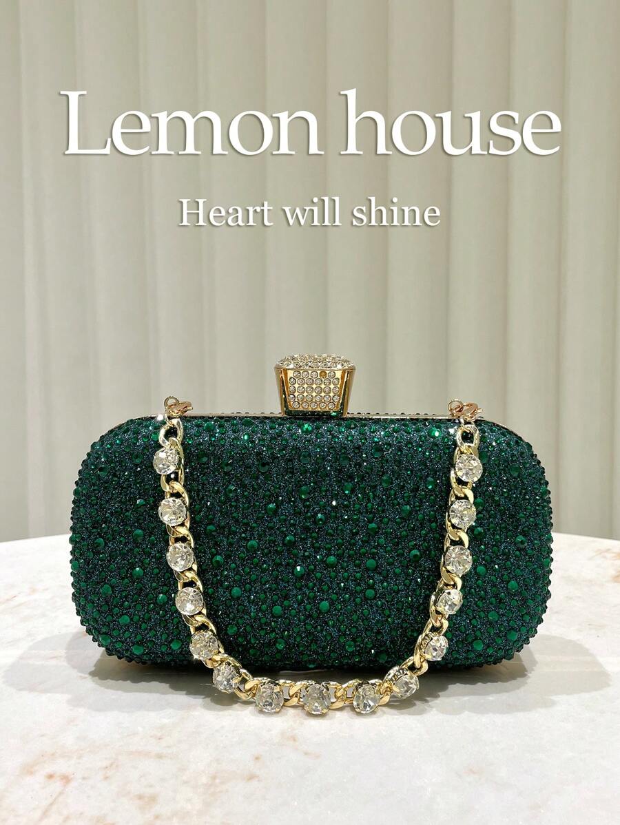 1 件绿色奢华水钻闪亮手提包，配水钻链带，时尚优雅派对手拿包，适合婚礼、宴会、舞会、聚会、女士礼物 - 墨綠色 - 查看 1