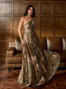 优雅雪纺晚礼服，不对称领口设计，A字裙摆——完美适用于正式晚宴、红毯盛会、奢华婚礼、艺术画廊活动、派对礼服、婚礼宾客礼服、正式礼服、晚礼服、度假必备单品。 - 軍綠色 - 查看 8