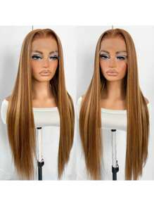 蕾丝前假发，直发假发，蜜金色合成蕾丝假发，长直发，13x5x1高清蕾丝假发，自然逼真，无需胶水，日常佩戴 - 挑染金色 - 查看 3