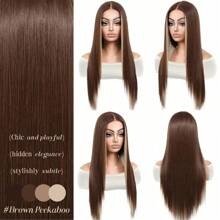 金色露肩蕾丝假发，女士直发合成蕾丝假发，预先拔毛，可直接佩戴，尺寸13x5x1，外观自然，无需胶水。 - 挑染棕色 - 查看 3