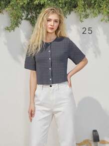 Women's Solid Color Cardigan Short Sleeve Round Neck Button Down Sweater Knit Tops - Dark Grey - View 4