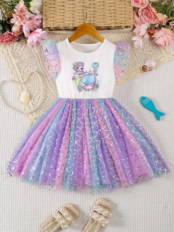 Vestido de malla con estilo de sirena para niñas, diseño lindo y elegante, adecuado para uso de niñas en fiestas en verano