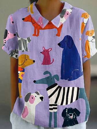 女士休闲宽松短袖上衣，动物印花和不对称领口 - 透气涤纶度假衬衫，适合春夏度假和日常穿着