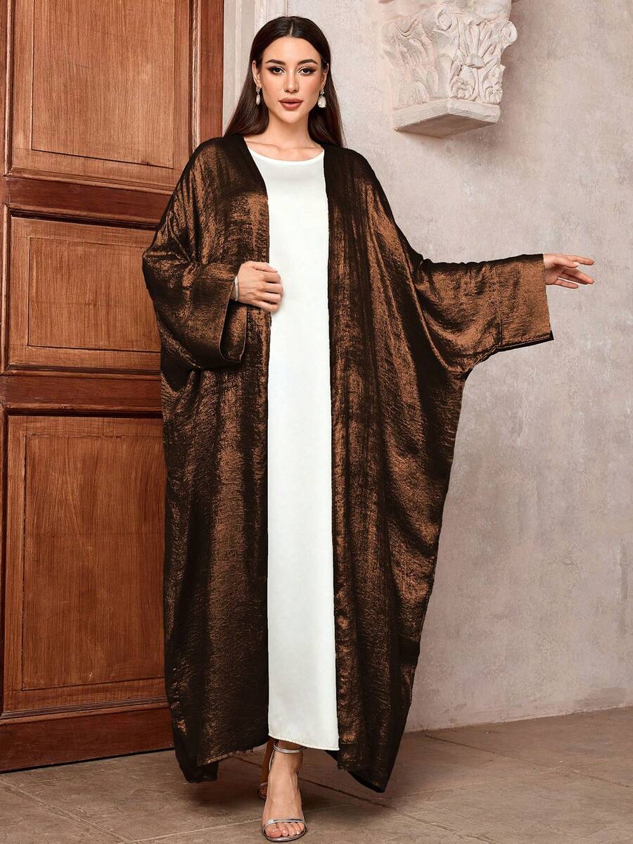 One Piece Dam Glänsande Fladdermusfärgad Satin Öppen Kimono Abaya Muslimsk Kaftan Klänning Islamisk Morgonrock Ytterkläder Lång Kappa, Modest - Kaffebrun - Visa 1
