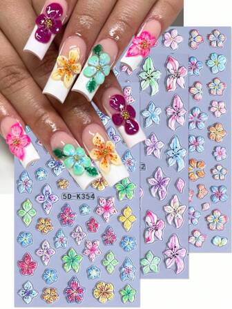 5D Lily & Hibiscus Flower Embossed Nail Stickers 3pcs Colorful Gradient Floral Petals Design DIY Spring Summer Y2K Self-Adhesive Gel Polish Decals Sliders Salon Manicure Decoration Nail Supplies