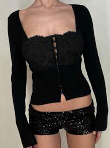 Modisches, elegantes Damenshirt mit quadratischem Ausschnitt und Knöpfen, Crop Langarm Top - Schwarz - Übersicht 3