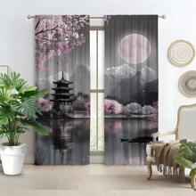 2件套，日式樱花亭图案，3D数码印花，适用于客厅、卧室、阳台、书房，营造浪漫氛围。 - 彩色 - 查看 10