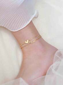 1 件女士时尚优雅双层英式心形脚链，防水不锈钢防褪色，适合日常佩戴、派对、海滩