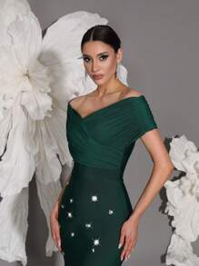 Off Shoulder Handmade Beaded Bodycon Bandage Dress, Sexy & Fitted, Suitable For Family Gatherings, Parties, Formal Events - Dark Green - View 2