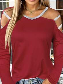 Womens  Casual Loose Cold Shoulder Bling Tunic Tops Ladies Long Sleeve Slim Fit T-Shirt Blouse Shirt - Burgundy - View 1