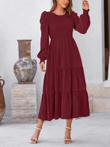 Women's Spring Wedding Guest Puffy Long Sleeve Maxi Dress Casual Round Neck Drawstring Layered A-Line Flutter Long Dress - 酒紅色 - 查看 5