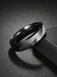 1pc Men's Black Matte Grooved Band Ring - Black - View 2