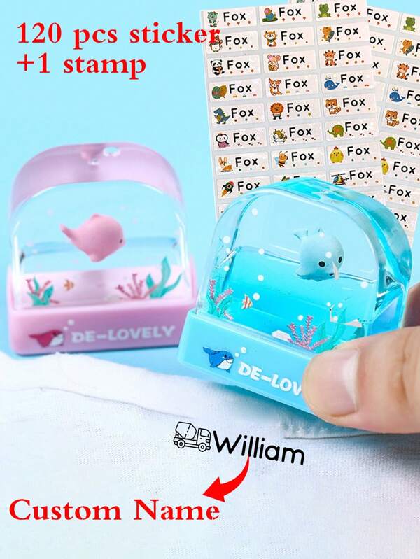 1pc Custom Name +120 Name Sticker Cartoon Signature Stamp For Kids, Cartoon Animal Pattern Name Stamps Personalized, DIY Customized Cartoon Self Inking Name Stamp, Stamps For Signing Name, Name Stamp For Clothing Kids Waterproof, Reproduce Your Handwriting Signature Back To School