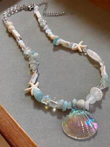 1pc Dopamine Necklace With Ocean Blue Seashell, Starfish, Pearl Beads, Random Beach Holiday Jewelry Gift For Women