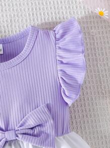 Baby Girl Summer Cap Sleeve Butterfly Print Bow Decor Waist Cute Dress - Purple - View 4