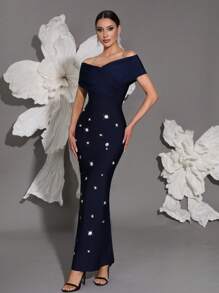 Off Shoulder Handmade Beaded Bodycon Bandage Dress, Sexy & Fitted, Suitable For Family Gatherings, Parties, Banquets, Formal Occasions - Royal Blue - View 5
