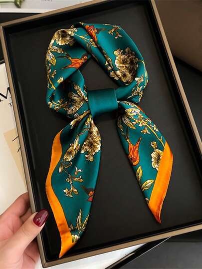 1pc Luxury And Fashionable Floral Print Imitation Silk Satin Square Scarf Headband Bandana , Versatile Women's Hair Band Shawl For Tourism, Vacation, Leisure, And Leisure,Head Scarf, Daily Commuting Small Collar