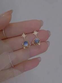 天体蓝色星系吊坠和垂坠耳环 - 催眠宇宙设计，可爱的锆石钢银，百搭日常佩戴，适合日常穿着的理想生日礼物 - 太空耳環 - 查看 5