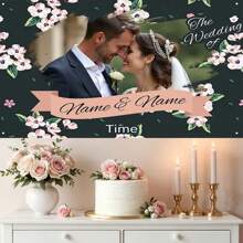 1 st. Aanpasbare Polyester Bloemen Verlovingsfeest Fotografie Achtergrond Banner Met Naam, Portret, Datum, Geschikt Voor Taarttafel, Huis, Muur, Buiten, Bewegwijzering, Decoratie