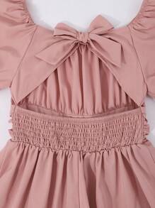 Vestido de manga farol con hombros descubiertos, decorado con moño y unicolor, de estilo casual y elegante para niñas y adolescentes, primavera y verano - Rosa - Ver 3
