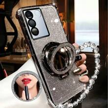 1 Piece Electroplating Corner Design Phone Case With Screen Protector, Glitter Mirror Stand, Beaded Lanyard Compatible With Wireless Charging Compatible With Iphone 16 Pro Max, P30, Nova 11, Honor Magic7, Redmi Note 14 Pro+ 5G, Galaxy S25 Ultra, Infinix Smart 8/Infinix Hot 40i/Tecno Spark 20/Tecno Spark 20C/Tecno Spark Go 2024, Moto G54
