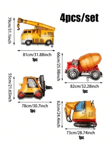 4pcs Construction Vehicle Foil Balloon Set, Including Excavator, Forklift, Mixer Truck, Crane Balloons, Suitable For Men's Construction Birthday Party Decorations
