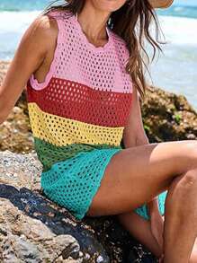 Womens Swimsuit Cover Up Sleeveless Knit 2025 Summer Outfits Swimwear Bathing Suit Coverup Crochet Backless Hollow-Out  Beach Dress - 彩色 - 查看 6