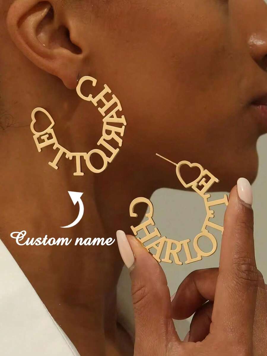 1 par de pendientes de aro con forma de corazón personalizada de 50 mm, pendientes redondos grandes de acero inoxidable para mujeres, joyería con placa con nombre en color dorado, accesorio para vacaciones y uso diario, regalo, joyería y reloj, elegante para el otoño, atuendo elegante - Chapado en platino. - Ver 1
