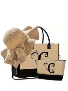 一套女士沙滩手提包，帆布包和帽子，字母A-Z，适合婚礼、生日、节日和其他场合，是送给女性、母亲、老师、朋友、伴娘、学生以及返校季的绝佳礼物。大容量旅行手提包，适合度假、周末旅行，是送给朋友或女士的个性化生日礼物，附赠围巾，也是教师节的最佳礼物。 - 卡其色 - 查看 16