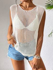 Women's Solid Color Hollow Out Knit Coverup For Beach Vacation - White - View 3