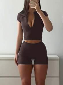 女式两件套修身纯色上衣和短裤简约时尚休闲日常穿着 - 深棕色 - 查看 6