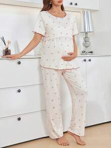 两件套柔软舒适的孕妇/哺乳服套装，碎花短袖上衣搭配波浪下摆长裤，家居服夏季度假之选 - 彩色 - 查看 3