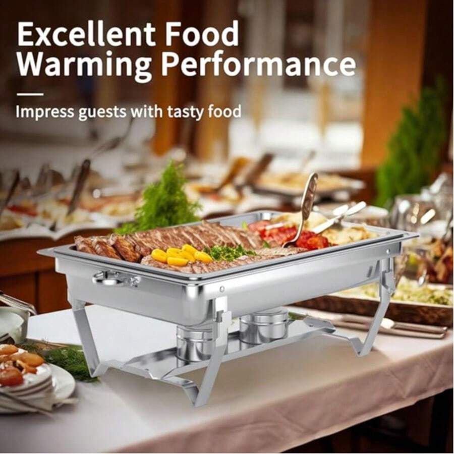 MiLaiWP Conjunto de recipiente calentador de alcohol premium de acero inoxidable, esencial para buffets y fiestas mantiene la comida caliente, con bandeja de agua y rejilla para combustible, tapa para conservar el calor por talla grande tiempo, vajilla elegante y práctica para banquetes, disponible en varios tamaños - Plateado - Ver 1