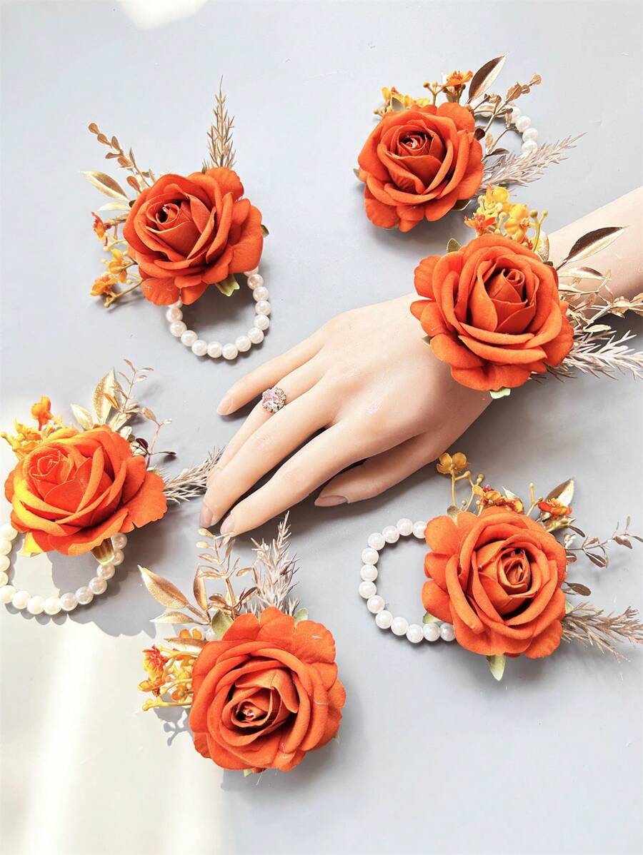 1 cái/6 cái hoa cài cổ tay bằng polyester màu cam phong cách Boho hình hoa hồng, phụ kiện cưới mùa hè cho cô dâu và phù dâu, phụ kiện ngày Valentine.
