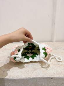 [Producto Terminado] Bolso bandolera pequeño con parches de flores esponjosas a doble cara, monedero dulce hecho a mano de ganchillo y tejido, para teléfono y monedas, accesorios