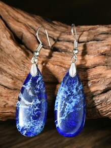 Brincos pendurados em formato de gota vintage, decoração de pedra natural, estilo boêmio retrô, enfeites de orelha para feriados, gradiente de cor, azul e verde