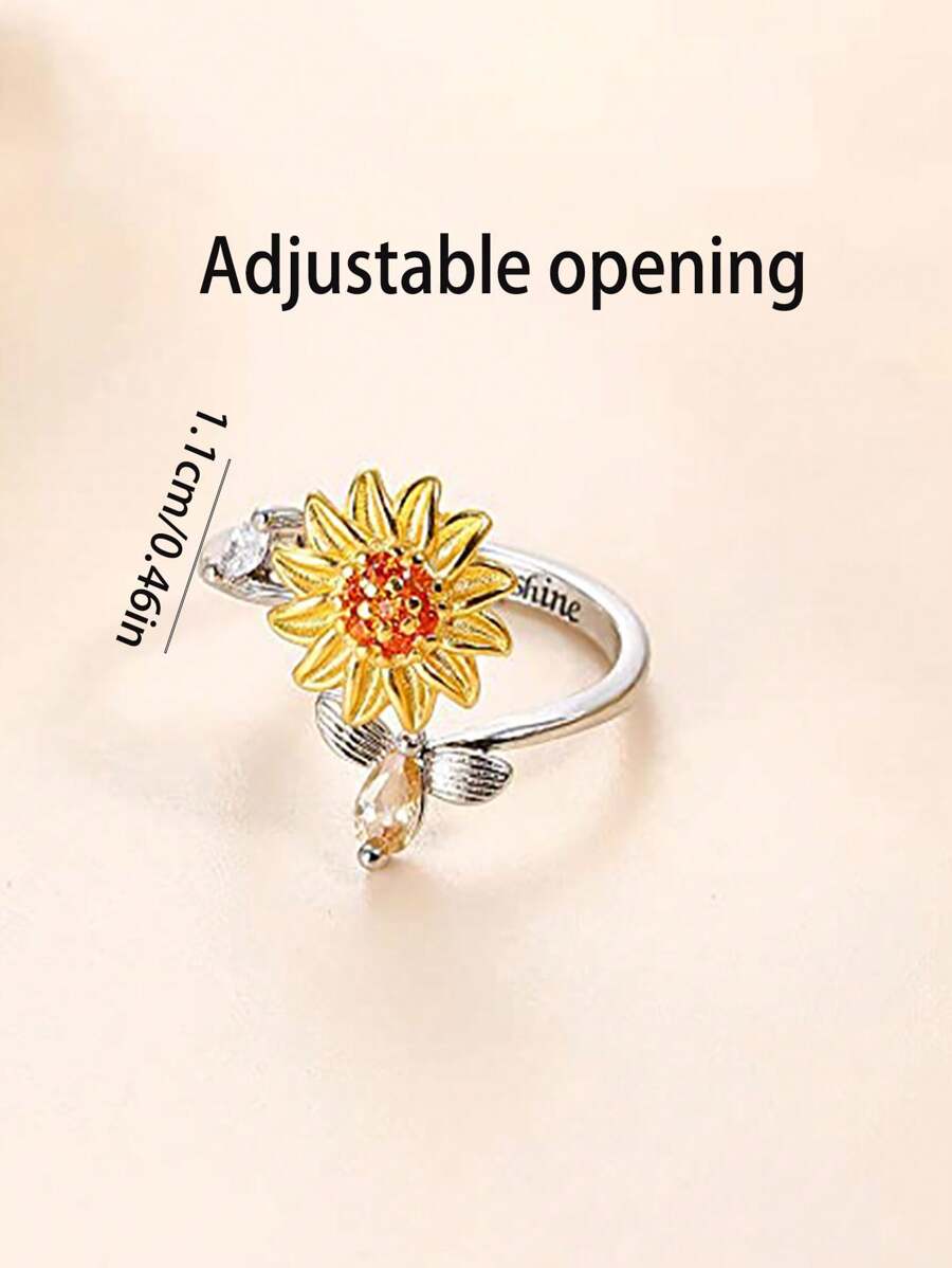 1 pezzo Elegante Anello rotante a fiore di girasole in zirconia cubica, anello girevole antistress per ragazze, regolabile, adatto per adolescenti, uso quotidiano e festival