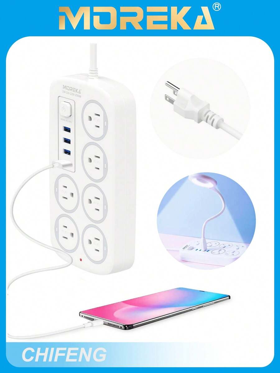 MOREKA Regleta Multicontactos Extensión De 4 Puertos Usb Y 6 Tomas - Blanco - Ver 1