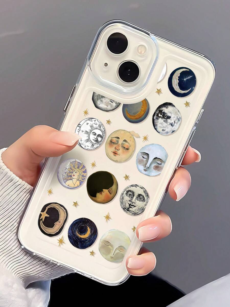 1 件 Face & Moon 设计透明防震 TPU 全身手机壳，防指纹，兼容 iPhone - 彩色 - 查看 1